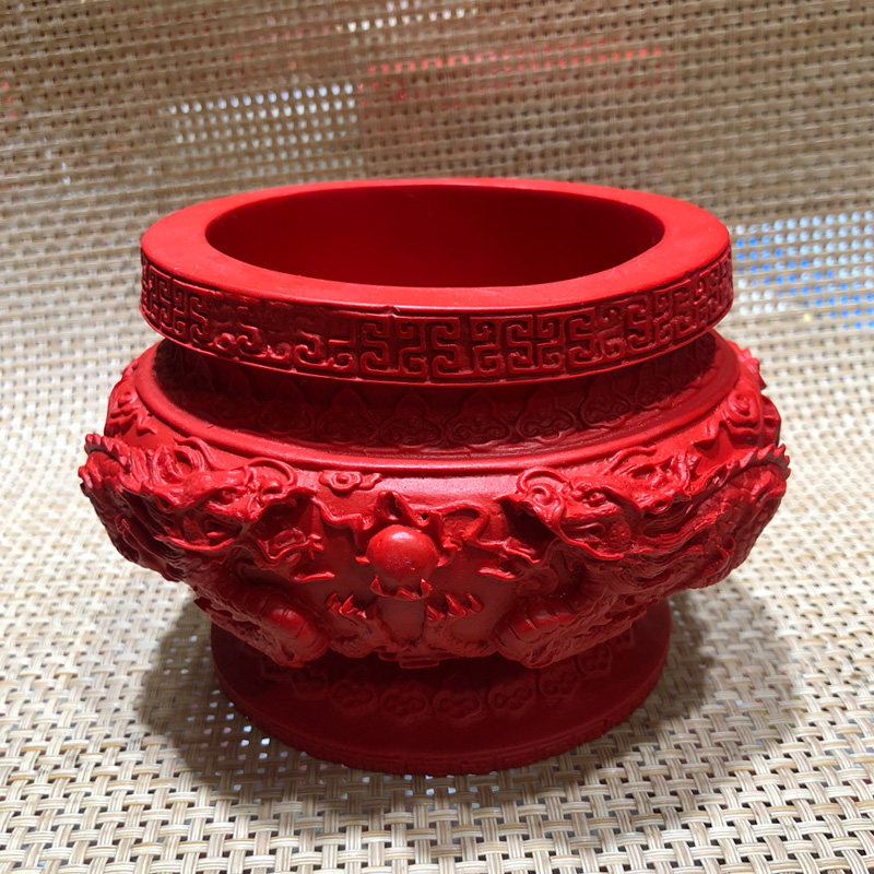 中国红朱砂双龙香炉 招财聚财风水聚宝盆供佛堂家里用品摆件
