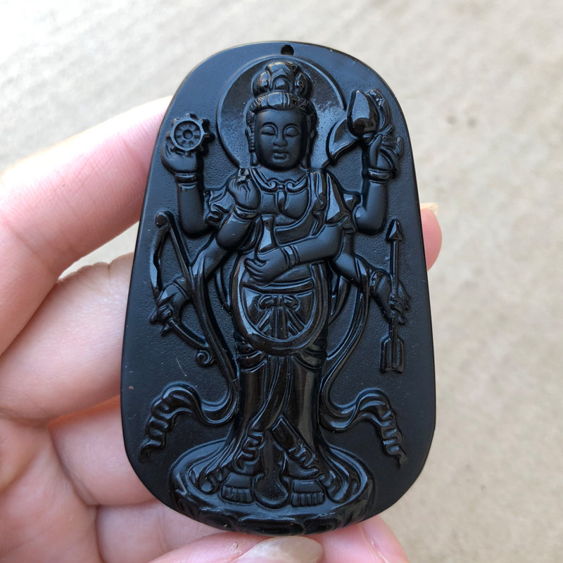 天然黑曜石斗母吊坠挂件