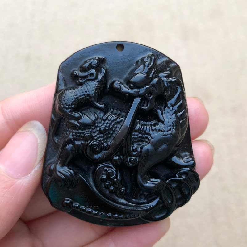 天然黑曜石招财转运麒麟吊坠
