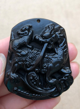 天然黑曜石招财转运麒麟吊坠