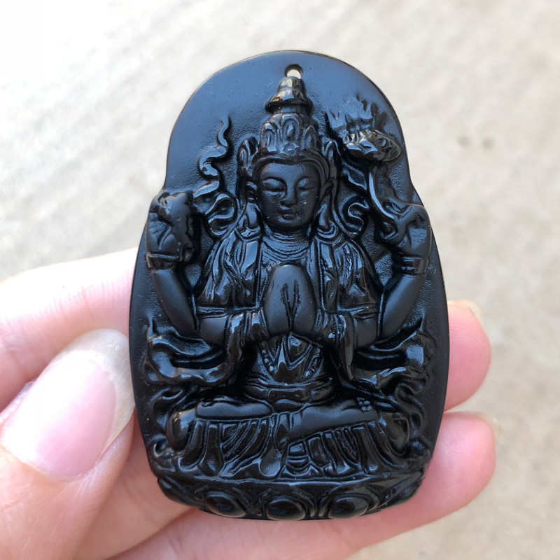 黑曜石玉佩四臂观音男士证书吊坠
