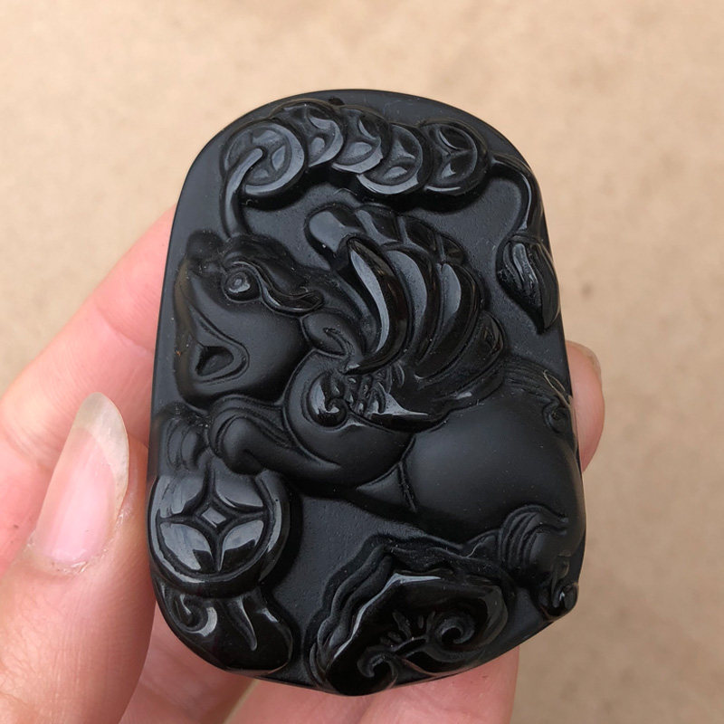 天然黑曜石立体聚财马上瑞兽吊坠