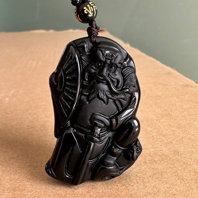 保真黑曜石拿扇钟馗吊坠