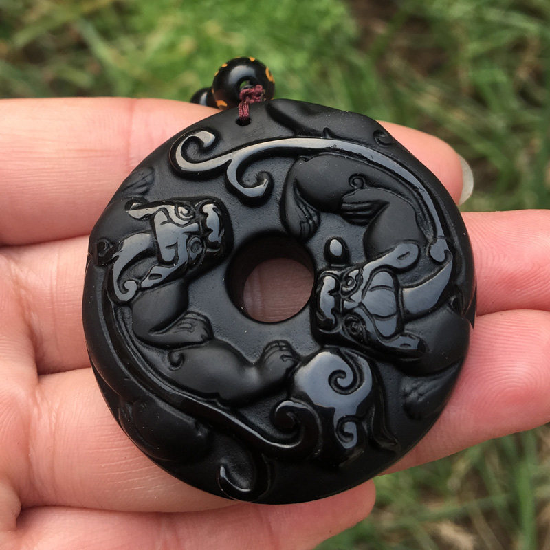 天然黑曜石怀古风吊坠送情侣证书