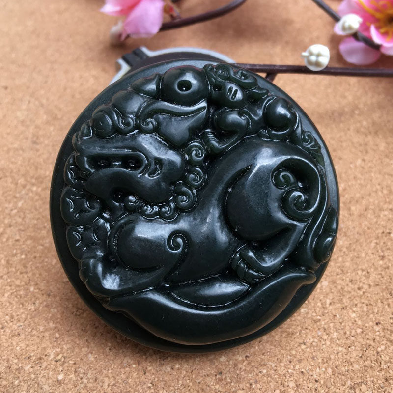 玉见美玉 新疆和田青玉元宝麒麟皮带扣 男款玉石母子麒麟腰扣腰佩