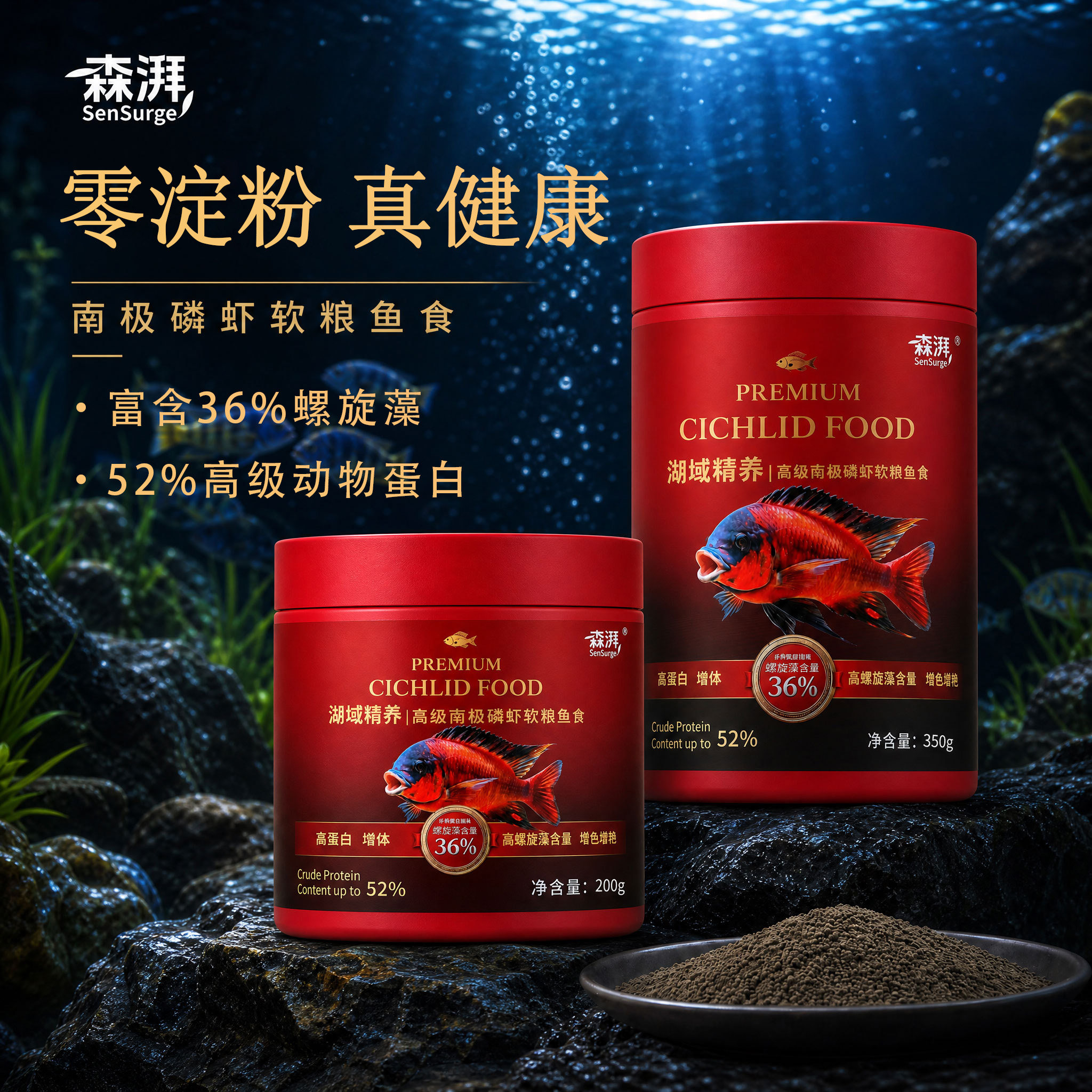 森湃三湖慈鲷鱼饲料螺旋藻坦马鲷萨伊蓝颗粒下沉软粮增色小型鱼食