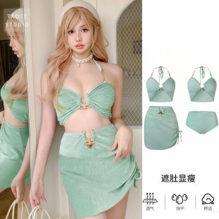 批发新款 三件套比基尼小胸聚拢泡温泉度假 泳衣女纯欲性感分体裙式