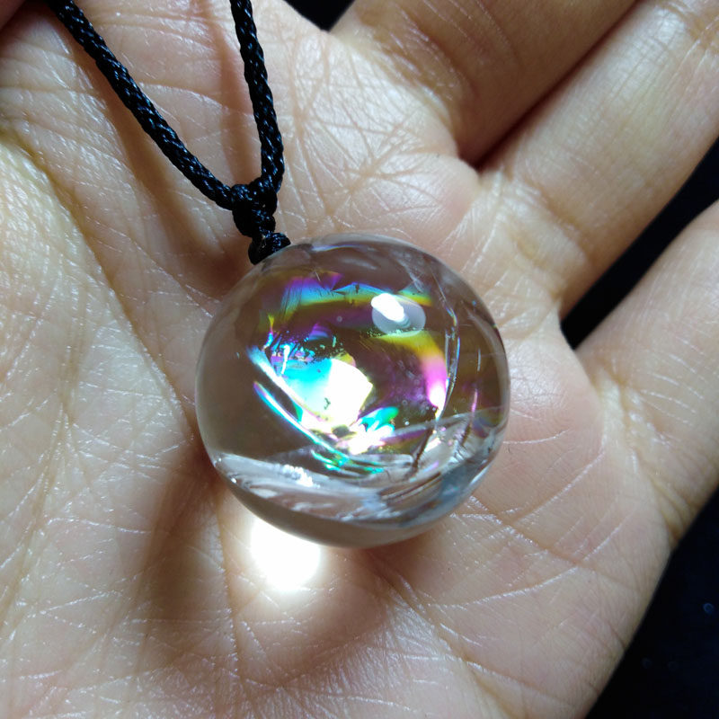 天然白水晶球七彩胶花彩虹吊坠男女项链情侣礼物原石小转运珠透明