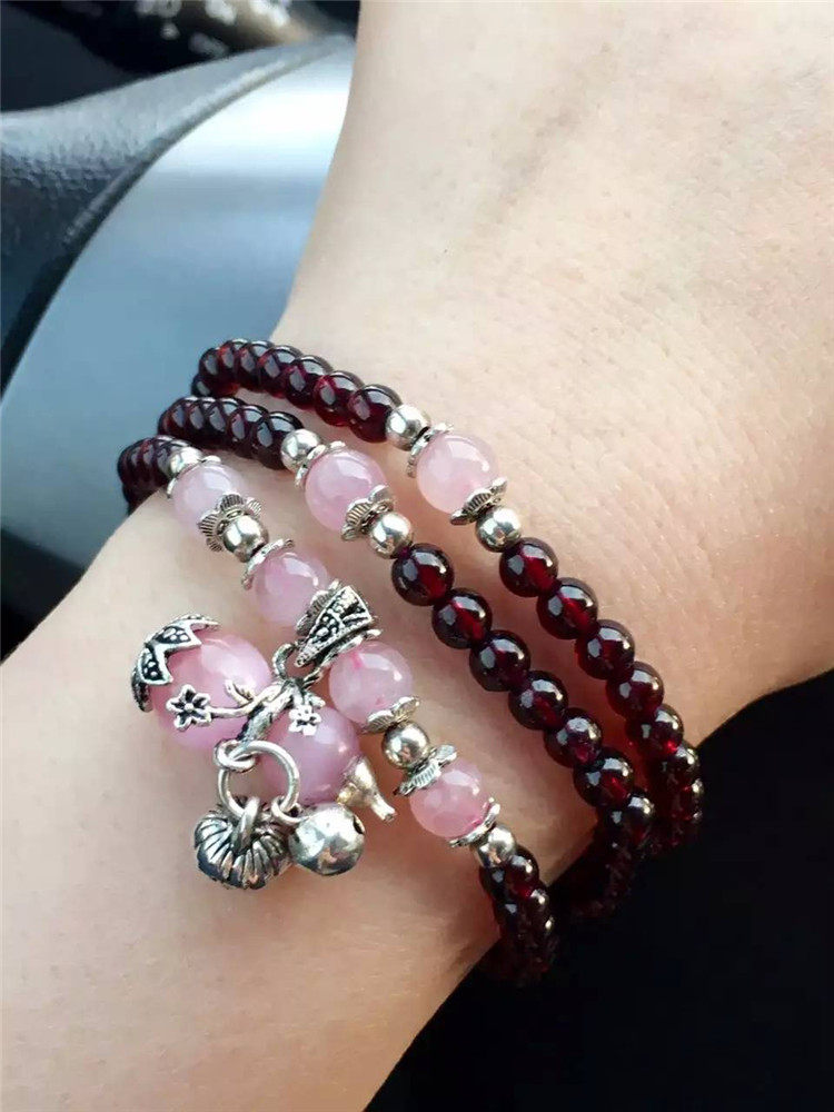 天然石榴石5mm酒红色手链晶体通透 粉葫芦配饰 寓意代代有福