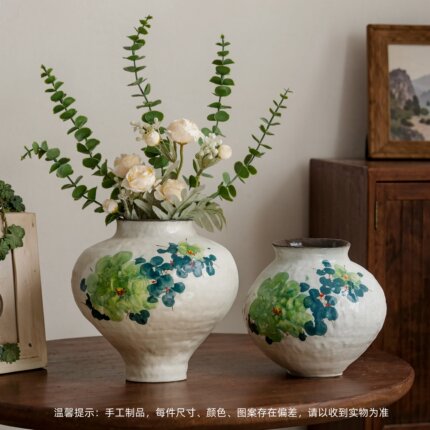 新中式手绘绿荷陶瓷花瓶手工凹凸肌理花瓶客厅鲜切花干花插花摆件