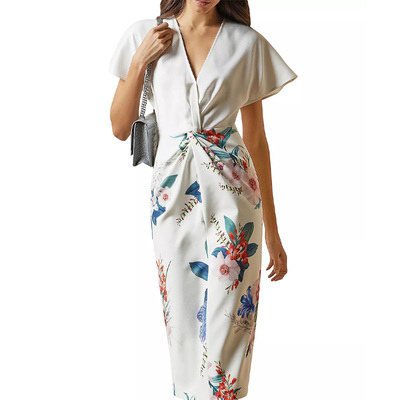 英国夏新品打褶V领印花拼接连衣裙时尚优雅蝙蝠袖修身包臀中长裙