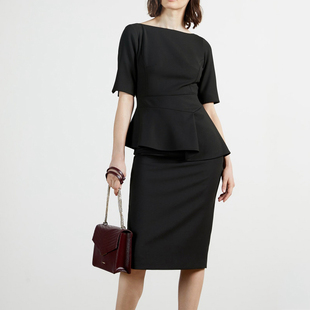 T家英伦女装新款修身收腰显瘦包臀荷叶边时尚通勤OL纯色连衣裙