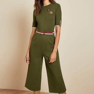 九阔腿裤 2020春季 短袖 英国小众轻奢针织拼罗马布假两件连体裤 新款