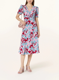 2024早春新款泡泡袖扭结短裙V领茶歇裙粉色植物印花中长连衣裙女