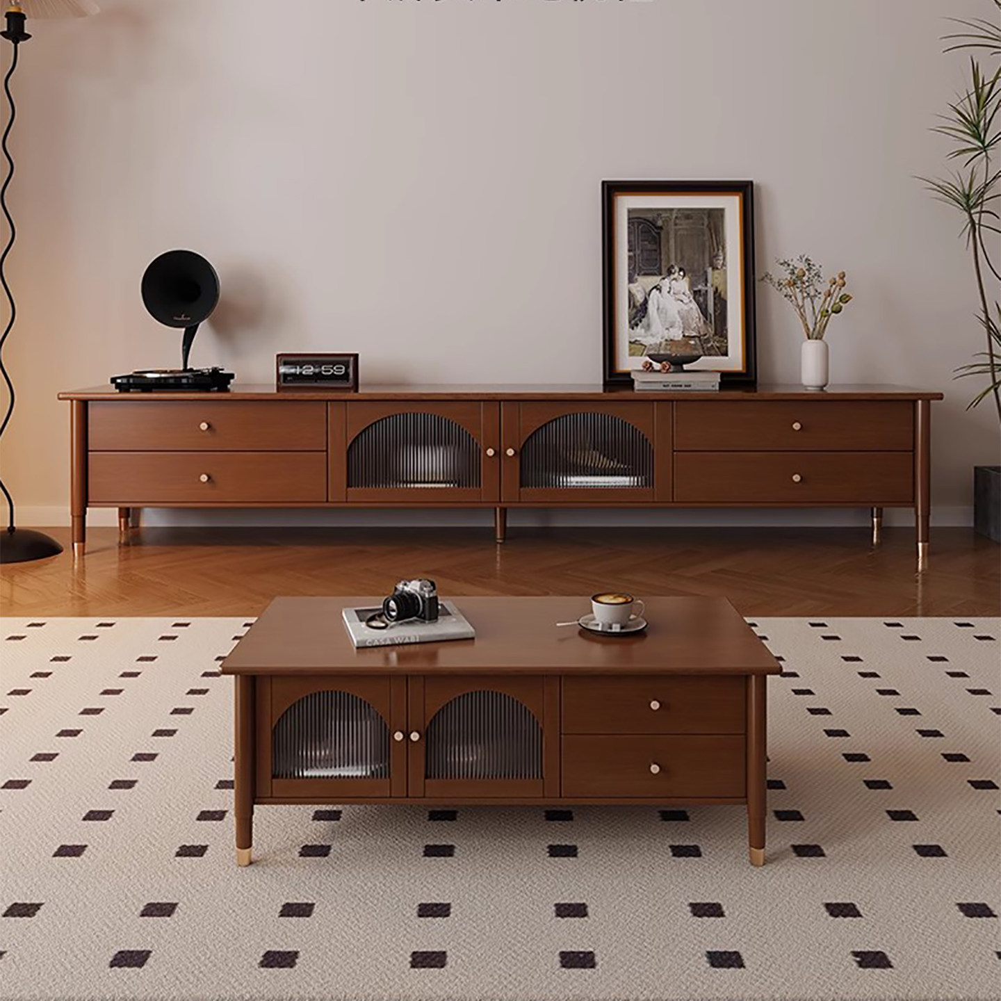 中古风法式新中式实木电视柜胡桃木色复古家用客厅收纳储物落地柜