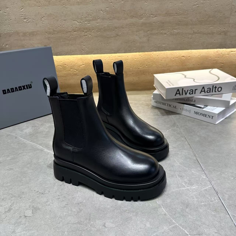 2025早秋新款真皮厚底烟筒靴女百搭一脚蹬大皮马丁靴女机车靴短靴