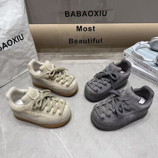 巴宝秀小胖丁磨砂真皮大头丑萌面包鞋女厚底增高休闲板鞋胖胖鞋潮