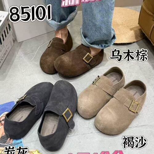 巴宝秀磨砂皮博肯鞋女秋季圆头厚底内包跟4CM魔术贴扣带休闲单鞋