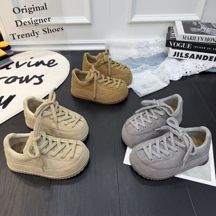 2026春季新款磨砂真皮大头丑萌胖丁面包鞋女厚底系带松糕休闲板鞋