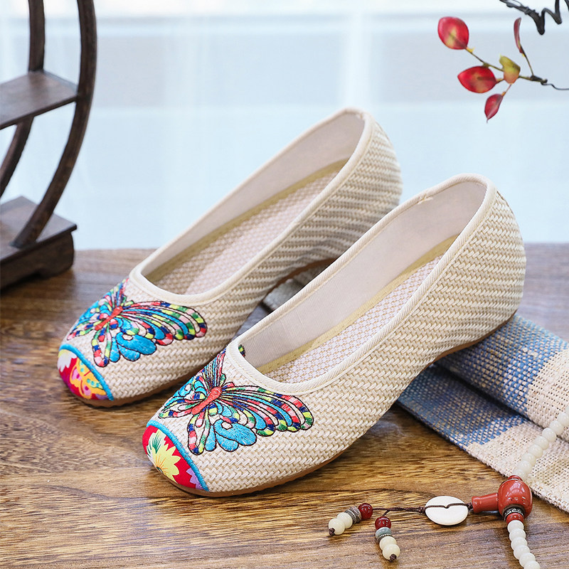 老北京绣花平底布鞋广场舞蹈鞋内增高透气轻便亚麻女鞋防滑休闲鞋