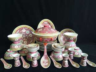 景德镇陶瓷民间收藏老厂货粉彩万寿54头餐具手绘万寿无疆祝寿餐具