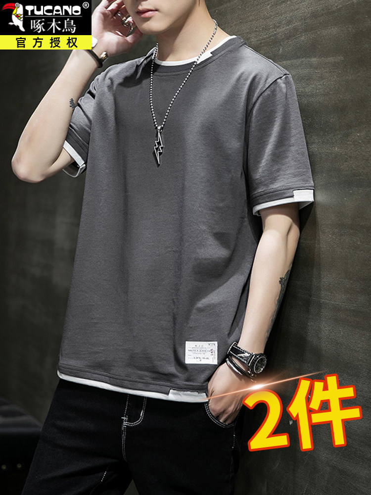 Woodpecker cotton short sleeve T-shirt men's fake two summer thin