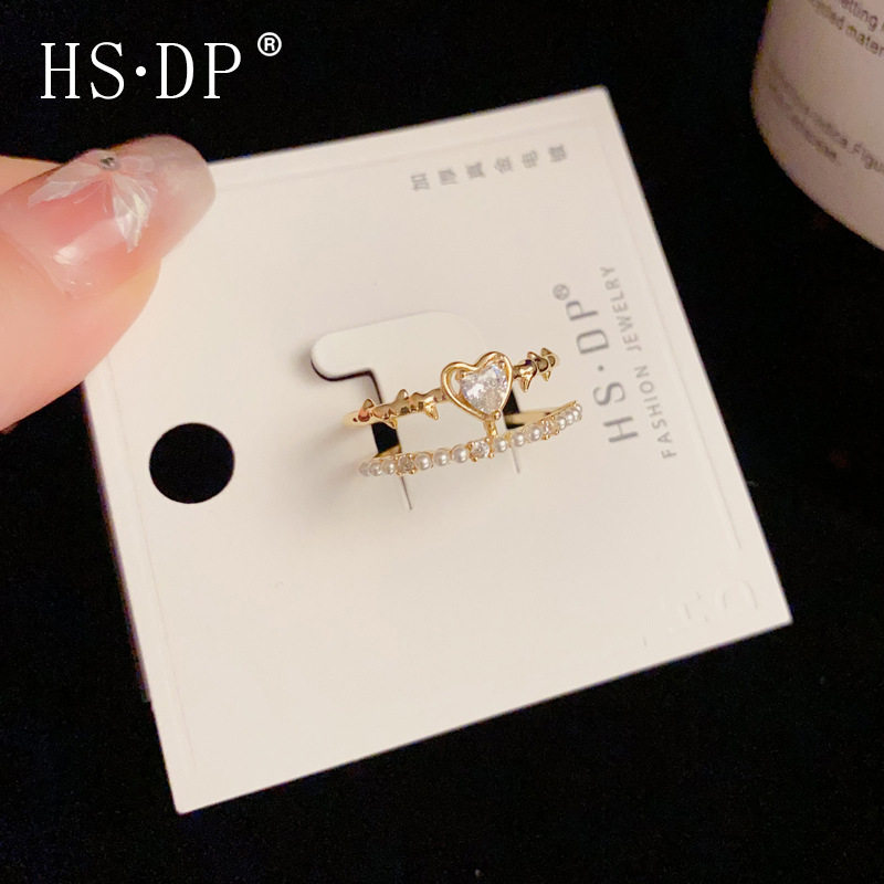 轻奢时尚ins风开口戒指女设计感小众简约锆石爱心珍珠双层食指戒
