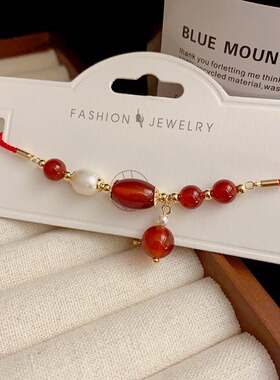 新中式时尚轻奢甜美淡水珍珠红色圆珠手链小众设计感气质手环批发