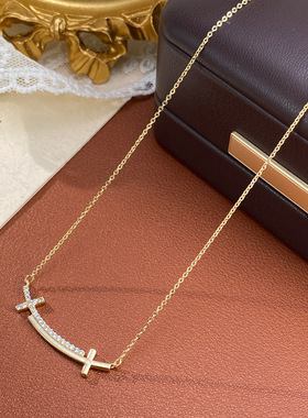 日韩时尚简约镶钻微笑项链精致轻奢气质百搭高级感超闪锁骨链配饰