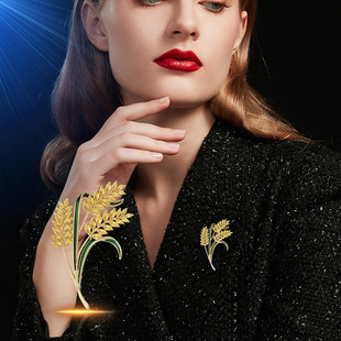 新款韩版黄色三头稻穗胸针高档奢华金色铜锆石胸花大衣配饰批发