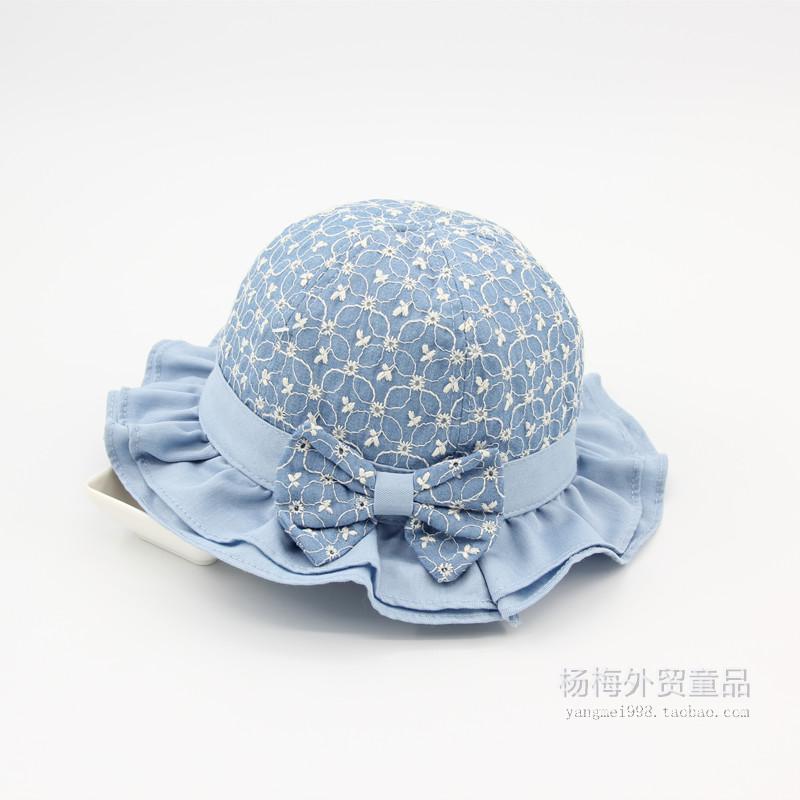 新款春夏秋女宝宝牛仔帽纯棉刺绣遮阳帽女童太阳帽渔夫帽凉帽盆帽