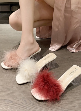 结婚礼新娘伴娘晨袍搭配拖鞋女夏 红色羽毛水晶粗高跟一字凉拖鞋