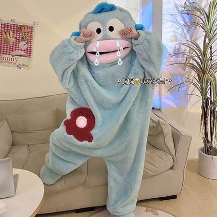 丑鱼连体睡衣女冬季珊瑚绒加厚加绒冬天情侣男卡通搞怪睡袍家居服