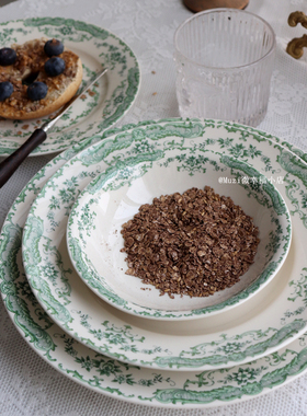 外贸黄胎复古清新绿色花朵西餐牛排盘早餐盘深汤盘麦片碗釉下彩