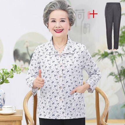 中老年夏女长袖雪纺衬衣妈妈春t恤老人衣服60-70-80奶奶衬衫套装