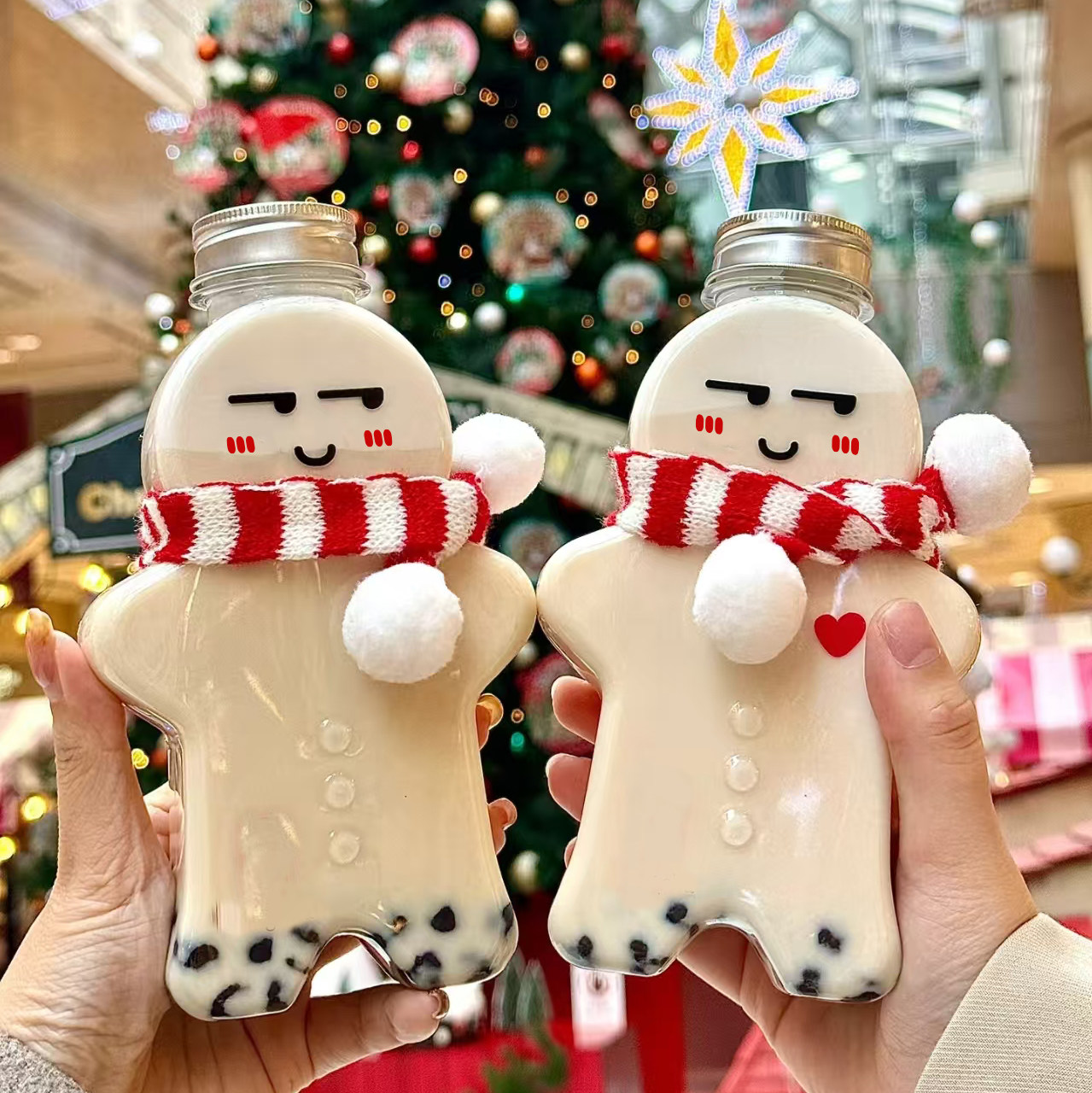 网红姜饼人奶茶杯塑料瓶圣诞节帽子围巾卡通雪人瓶一次性饮品杯子