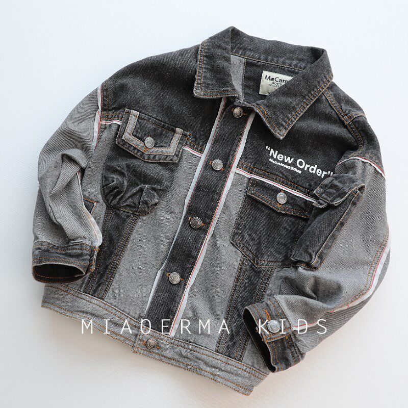 어린이 세척 데님 재킷 봄과 가을 새로운 스타일 소년 중형 및 대형 어린이 후드 가짜 투피스 탑 베이비 스타일 재킷
