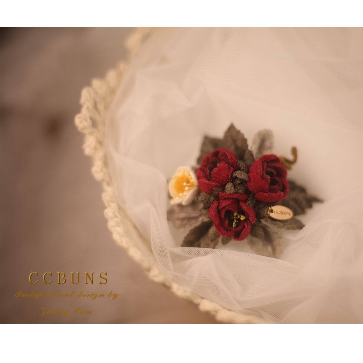 CCBUNS原创设计手工深红色复古小玫瑰羊毛布烫花可定制发夹或胸针