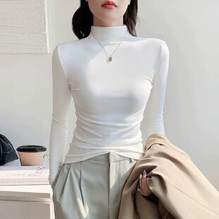 秋冬季新款半高领长袖打底衫女大码胖mm外穿修身内搭T恤加绒上衣