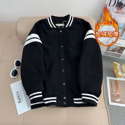 200斤大码美式黑色棒球服卫衣女