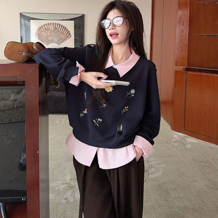 实拍特价假两件卫衣女新款加绒秋冬卡通刺绣花宽松POLO领保暖上衣