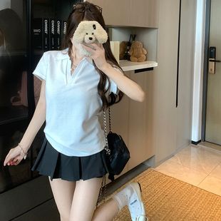 白色polo领短袖 设计感小众简约通勤显瘦上衣 t恤女夏2025夏季 新款