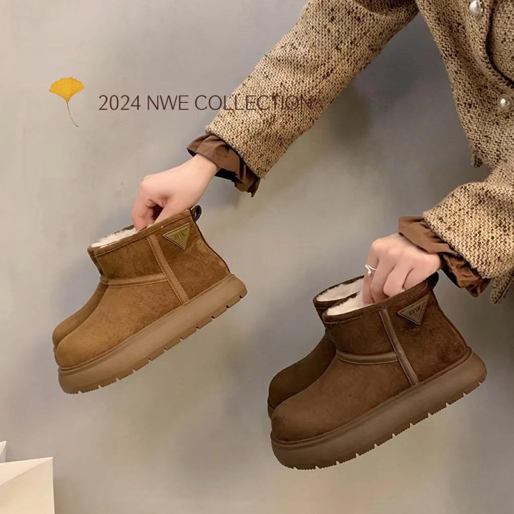 漂靓猫三角标皮毛一体大头雪地靴女冬季保暖棉鞋厚底防滑套筒短靴