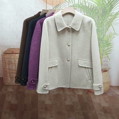 小暖毛呢外套女2025秋冬新款小个子娃娃领短款紫色双面呢羊绒大衣
