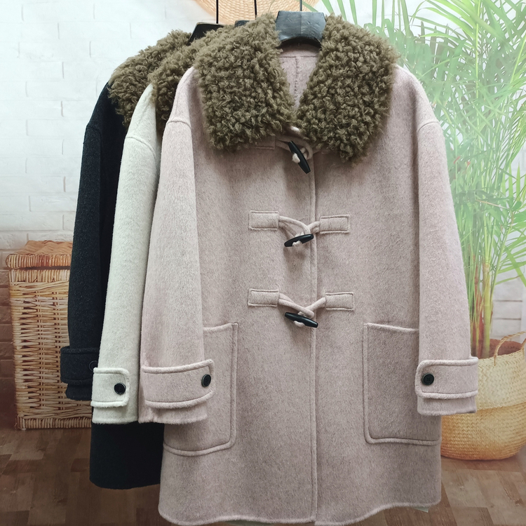 牛角扣可拆卸羊羔毛领双面羊绒大衣女秋冬中长款韩版时尚毛呢外套