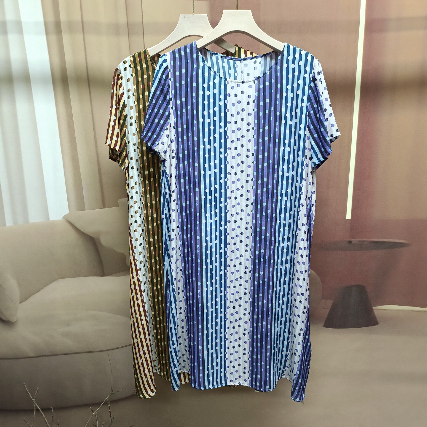 古典风圆领双绉真丝连衣裙女夏宽松显瘦蓝色波点印花桑蚕丝套头裙