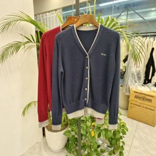 撞色假两件百分百山羊绒V领针织开衫外套2025秋冬款长袖女装上衣