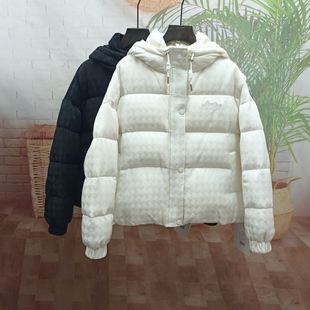 连帽宽松加厚高端保暖桑蚕丝外套女时尚年轻短款提花白鹅绒羽绒服