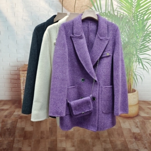 斜挎包2025秋冬新款双面羊绒大衣女中长款乳白色西服羊毛呢子外套