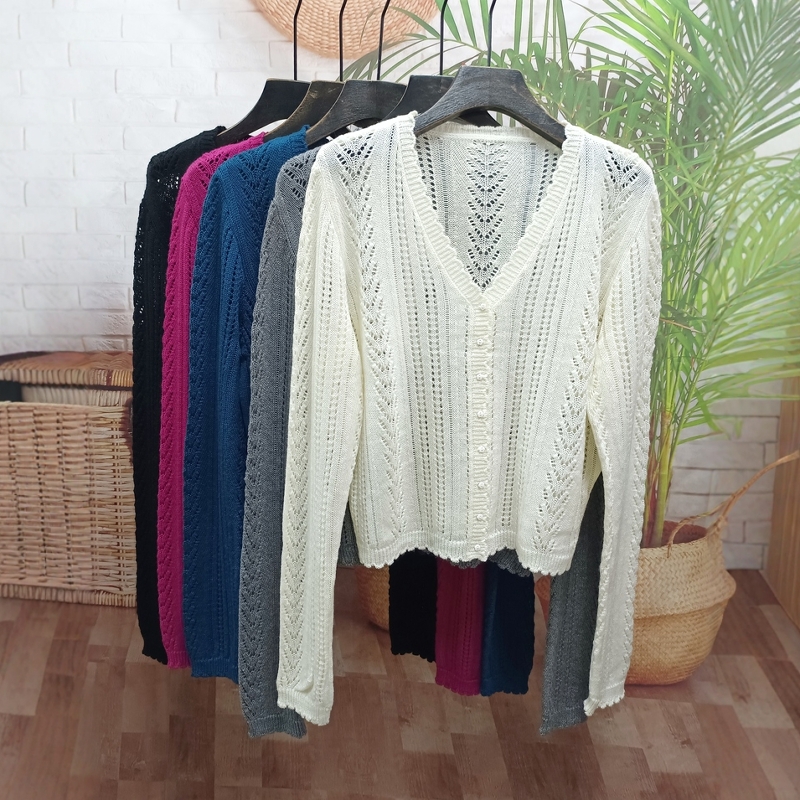 美利奴超细羊毛镂空V领打底开衫玫红色2025春新款针织长袖上衣女